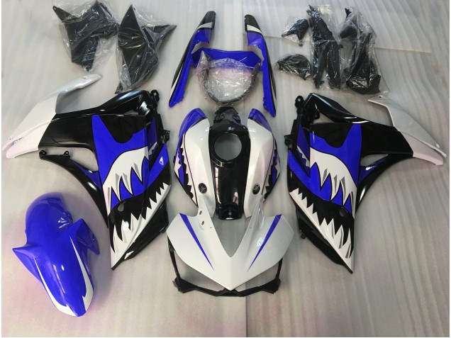 Blue and White Shark 15-18 Yamaha R3 Fairings